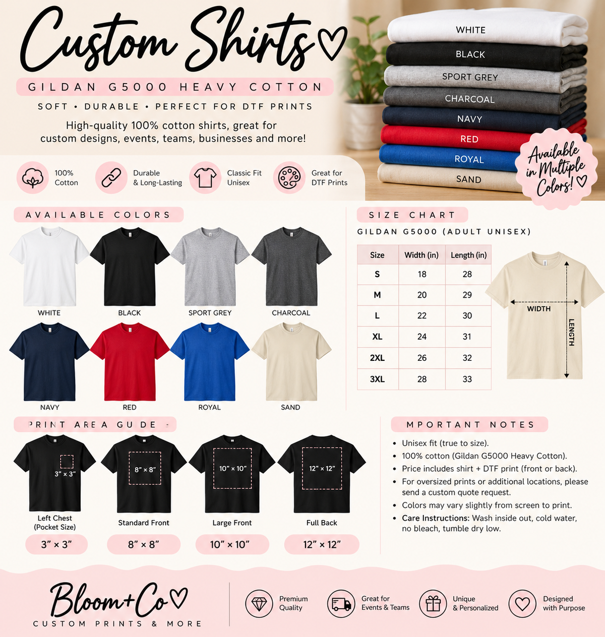 Bloom+Co custom Gildan G5000 shirt size, color and print guide