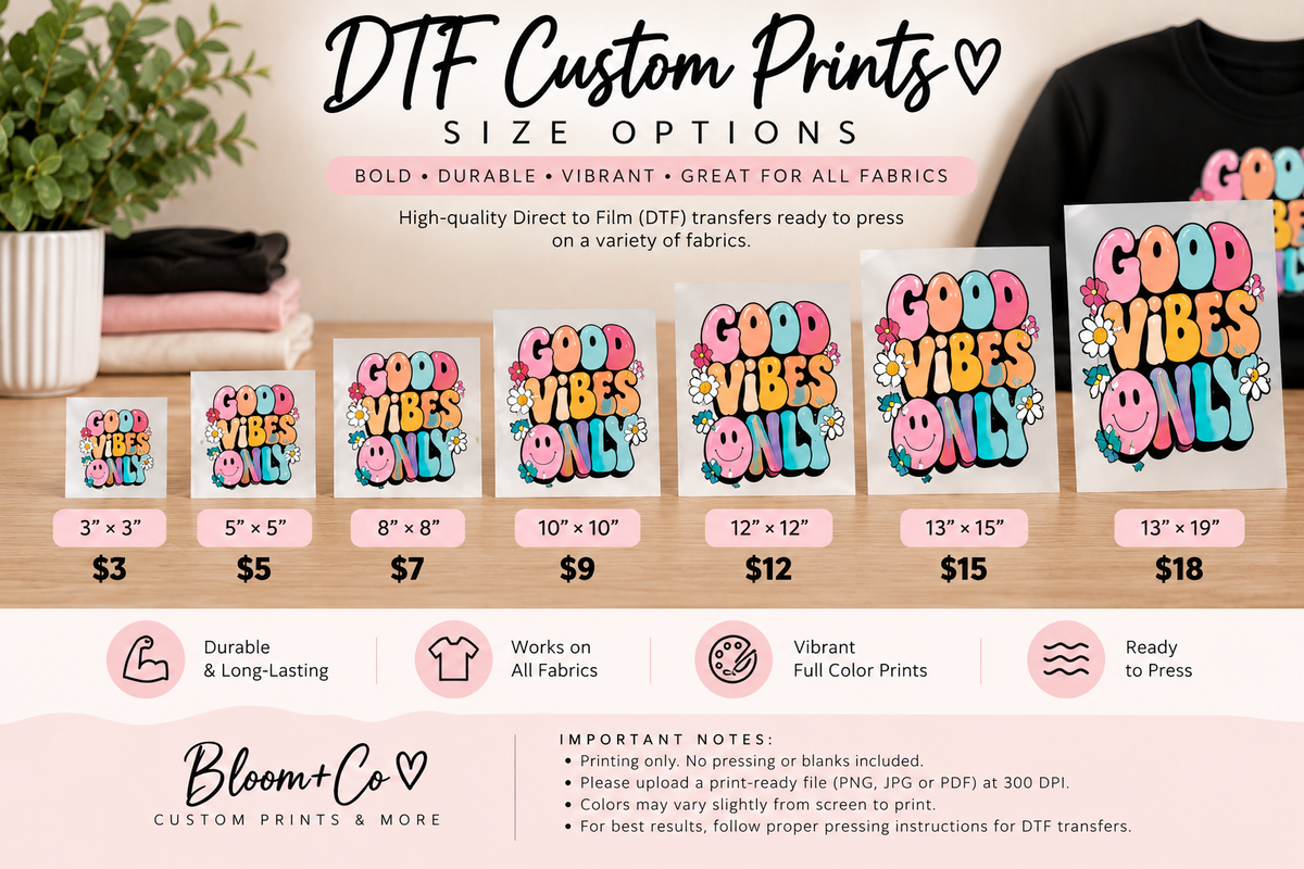 Bloom+Co DTF custom print size guide — 3x3 through 13x19