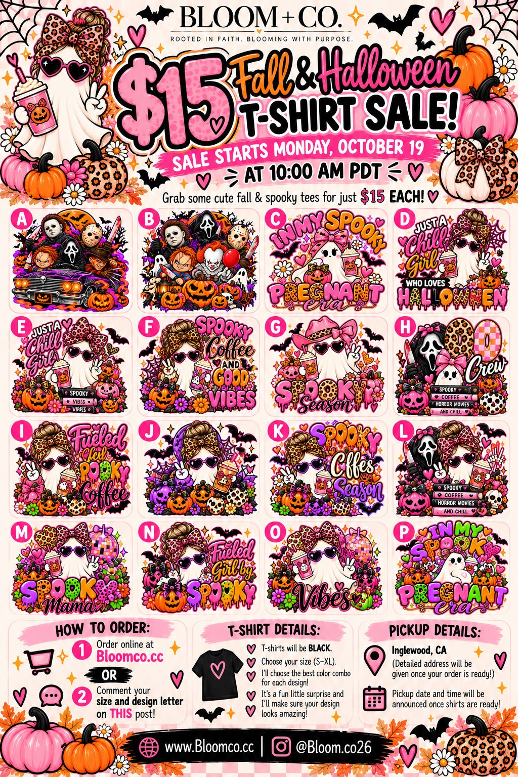 Bloom+Co $15 Halloween T-shirt sale with designs A through P