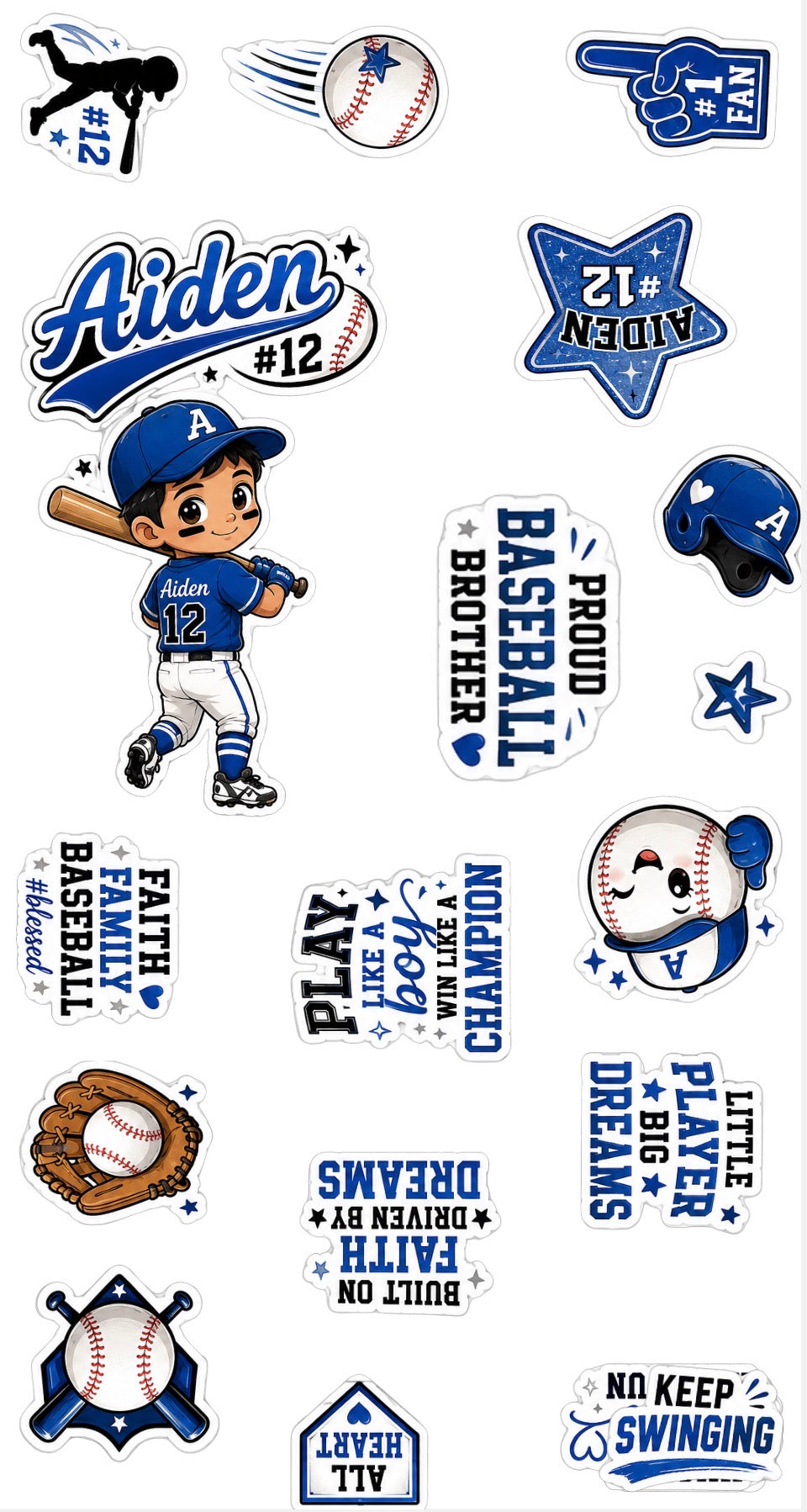 Aiden baseball personalized sticker sheet example