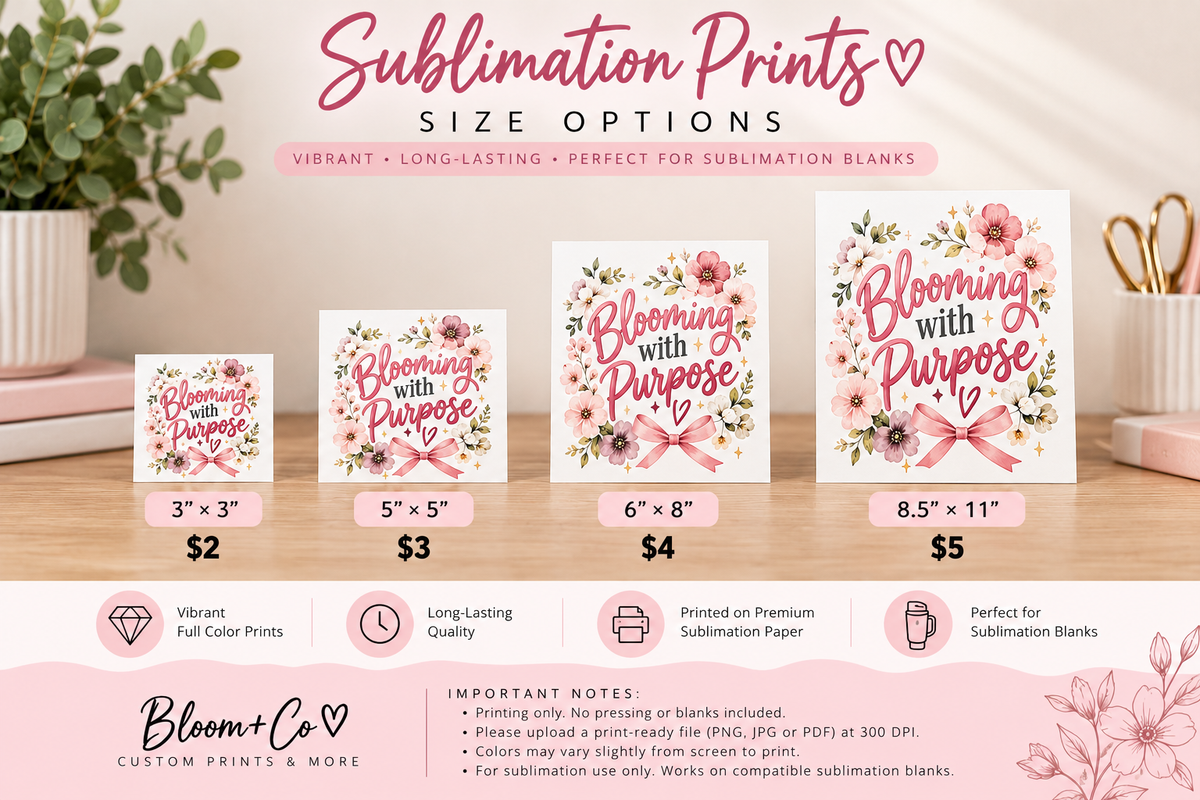 Bloom+Co sublimation print size guide — 3x3, 5x5, 6x8 and 8.5x11