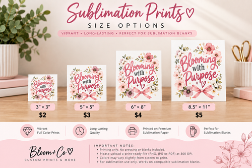 Bloom+Co sublimation print size guide — 3x3, 5x5, 6x8 and 8.5x11