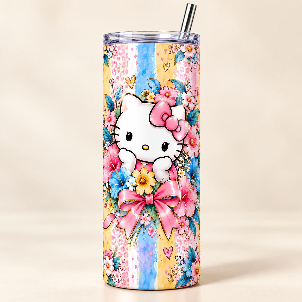 Digital mockup of Hello Kitty floral 20 oz skinny tumbler with lid and straw