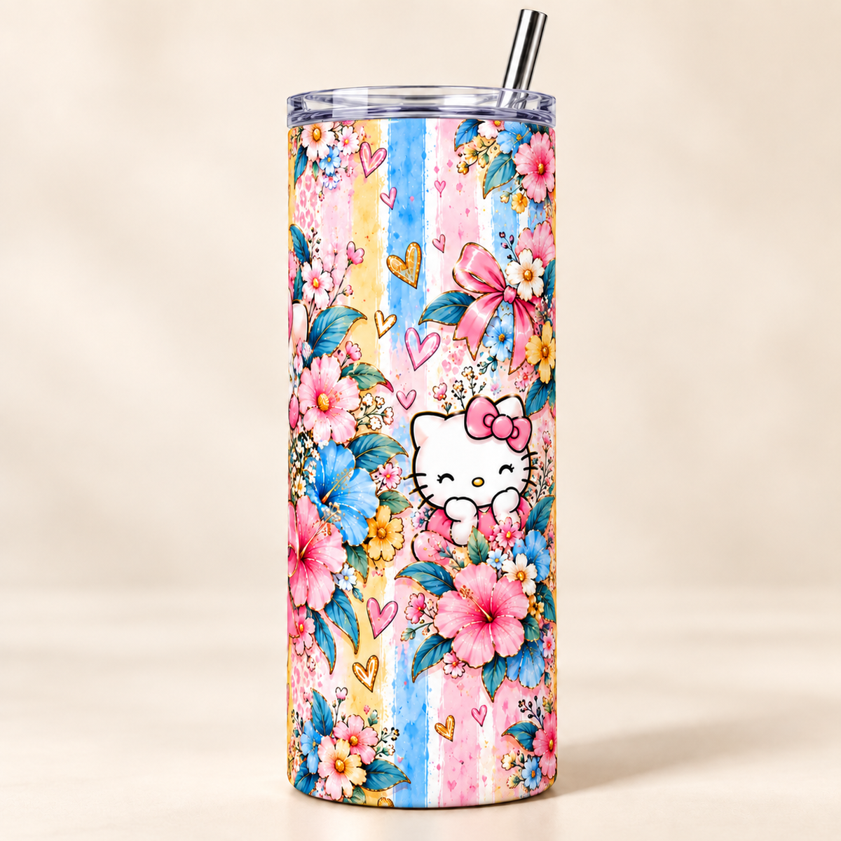 Digital mockup showing the other side of the Hello Kitty floral 20 oz skinny tumbler